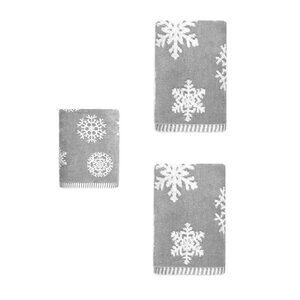 Winter Wonderland Ice Crystal Snowflake 1 Fingertip + 2 Hand Towels - Gray/White